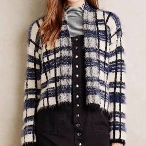 Anthropologie La Fee Verte Blue and White Plaid Eyelash Open Cardigan Size Med